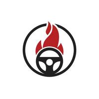 plantilla de diseño de vector de logotipo de controlador caliente. Diseño de ilustración vectorial del icono del logotipo de fuego ardiente del volante del coche.