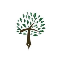 pluma de árbol y plantilla de diseño de logotipo de vector cruzado. clase de aprendizaje y enseñanza de la biblia.