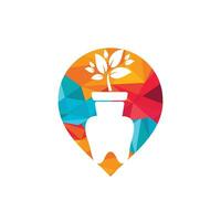 plantilla de diseño de logotipo de vector de jardín dental. diente con maceta de flores y diseño de icono gps.