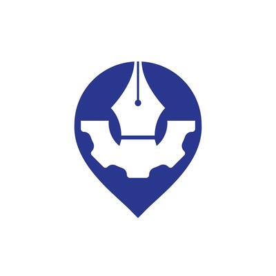 Gear and pen with pinpoint vector logo design. Unique law and industrial logotype design template.