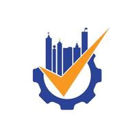Building maintenance logo design template. Gear with skyscraper and check icon logo illustration design. vector