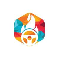 Hot driver logo vector design template. Car steering wheel burning fire logo icon vector illustration design.