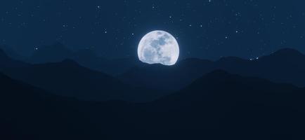 The big moon shines behind mountains with stars and clouds in the background.  3D rendering. photo