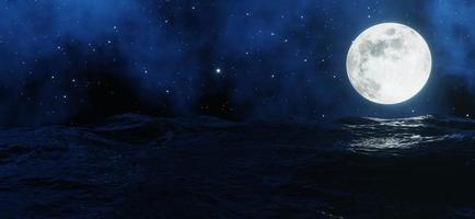 The big moon shines behind the sea with stars and clouds in the background.  3D rendering. photo