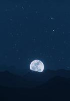 Big moon shines portrait behind mountains with stars and clouds in background.  3D rendering. photo