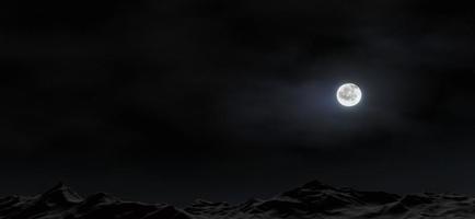 la gran luna brilla detrás de las montañas con estrellas y nubes en el fondo. representación 3d foto
