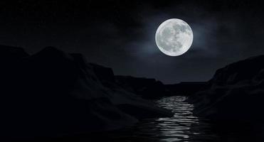 Big moon in the mountains, snow mountain. illustration of a beautiful dark mountain landscape with fog. 3D Rendering. photo