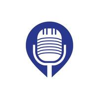 Podcast and map pin logo design. Studio table microphone with broadcast icon design. vector