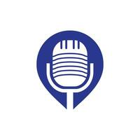 Podcast and map pin logo design. Studio table microphone with broadcast icon design. vector