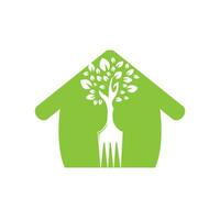 Fork tree with home shape vector logo design. Restaurant and farming logo concept.