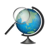 Realistic school globe model of Earth with magnifying glass vector