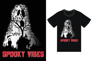 spooky vibes t-shirt design. Halloween night is Full of spooky houses haunted trees birds bats spiders zombies hands grim reaper tomb background vector