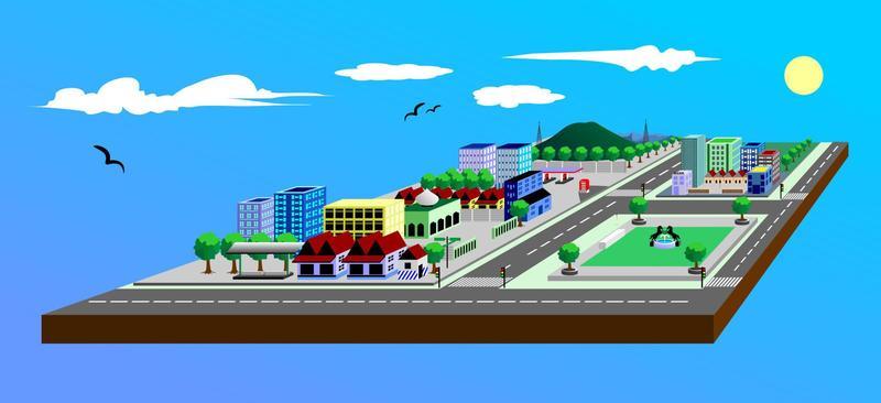 isometric design of the city blends with nature, vector illustration