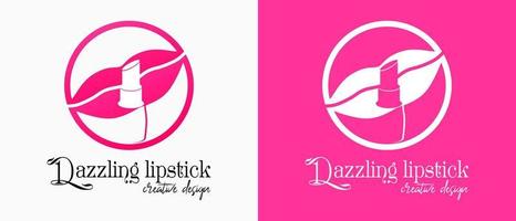 lipstick logo design with lips icon in a circle. premium vector makeup or lifestyle logo illustration