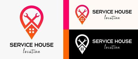 service house location logo design template with spanner concept in pin icon. map or location icon vector illustration, premium vector