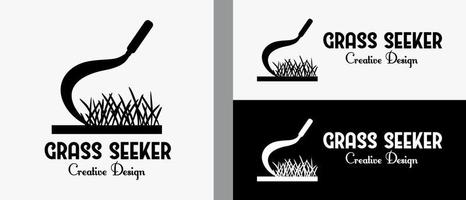 sickle logo design template sticking with grass icon in creative concept. premium vector logo illustration