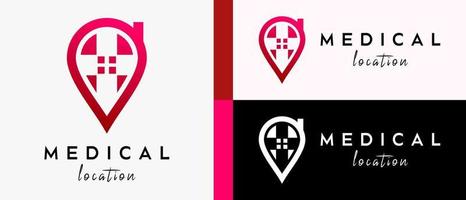 medical location logo design template with plus or cross sign concept in pin icon. map or location icon vector illustration, premium vector