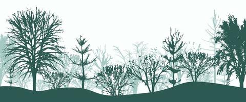 Green silhouettes of trees in forest background. Mystical morning thicket of spruce and beeches with bushes in light fog. Mysterious landscape in natural vector design