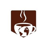 Creative Coffee cup with globe map vector logo design template.