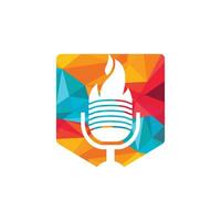 Fire Podcast logo design template. Flame fire podcast mic logo vector icon illustration.