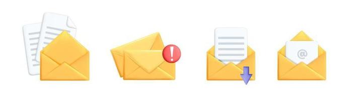 Conjunto de vector realista 3d de diseño de iconos de sobre de correo electrónico amarillo