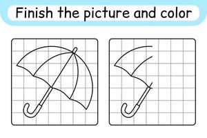 completa el paraguas de la imagen. copiar la imagen y el color. terminar la imagen. libro de colorear. juego educativo de ejercicios de dibujo para niños vector