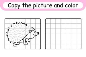 Copy the picture and color hedgehog. Complete the picture. Finish the image. Coloring book. Educational drawing exercise game for children vector