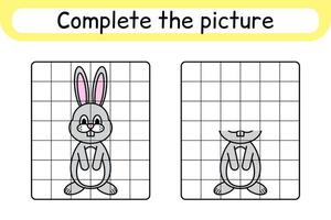 Complete the picture rabbit. Copy the picture and color. Finish the image. Coloring book. Educational drawing exercise game for children vector