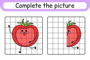 Complete the picture tomato. Copy the picture and color. Finish the image. Coloring book. Educational drawing exercise game for children vector