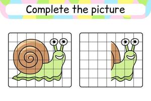 completar la imagen del caracol. copiar la imagen y el color. terminar la imagen. libro de colorear. juego educativo de ejercicios de dibujo para niños vector