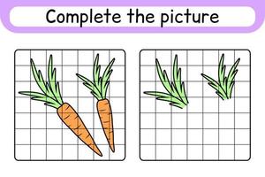 completa la imagen zanahoria. copiar la imagen y el color. terminar la imagen. libro de colorear. juego educativo de ejercicios de dibujo para niños vector