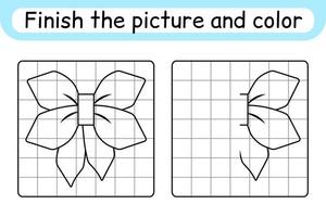 Complete the picture bow. Copy the picture and color. Finish the image. Coloring book. Educational drawing exercise game for children vector