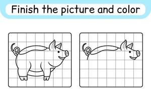 Complete the picture pig. Copy the picture and color. Finish the image. Coloring book. Educational drawing exercise game for children vector