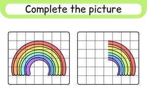 Completa la imagen del arcoíris. copiar la imagen y el color. terminar la imagen. libro de colorear. juego educativo de ejercicios de dibujo para niños vector