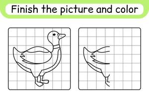 Complete the picture duck. Copy the picture and color. Finish the image. Coloring book. Educational drawing exercise game for children vector