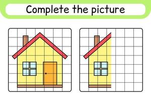 Complete the picture home. Copy the picture and color. Finish the image. Coloring book. Educational drawing exercise game for children vector