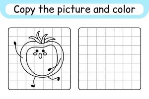 copia la imagen y colorea el tomate. completa la imagen terminar la imagen. libro de colorear. juego educativo de ejercicios de dibujo para niños vector