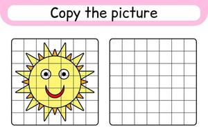 Copy the picture and color sun. Complete the picture. Finish the image. Coloring book. Educational drawing exercise game for children vector