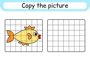 copia la imagen y colorea los peces. completa la imagen terminar la imagen. libro de colorear. juego educativo de ejercicios de dibujo para niños vector