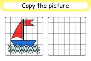 Copy the picture and color ship. Complete the picture. Finish the image. Coloring book. Educational drawing exercise game for children vector