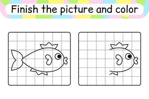 Complete the picture fish. Copy the picture and color. Finish the image. Coloring book. Educational drawing exercise game for children vector