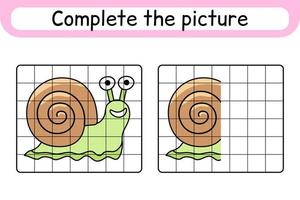 Complete the picture snail. Copy the picture and color. Finish the image. Coloring book. Educational drawing exercise game for children vector