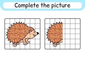 Complete the picture hedgehog. Copy the picture and color. Finish the image. Coloring book. Educational drawing exercise game for children vector