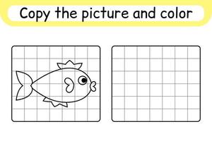 Copy the picture and color fish. Complete the picture. Finish the image. Coloring book. Educational drawing exercise game for children vector