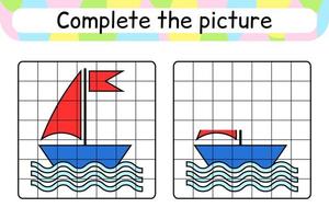 Complete the picture ship. Copy the picture and color. Finish the image. Coloring book. Educational drawing exercise game for children vector