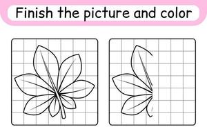 Complete the picture leaf chestnut. Copy the picture and color. Finish the image. Coloring book. Educational drawing exercise game for children vector