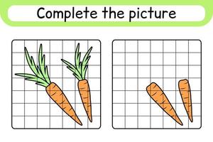 completa la imagen zanahoria. copiar la imagen y el color. terminar la imagen. libro de colorear. juego educativo de ejercicios de dibujo para niños vector