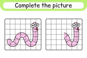 Complete the picture worm. Copy the picture and color. Finish the image. Coloring book. Educational drawing exercise game for children vector