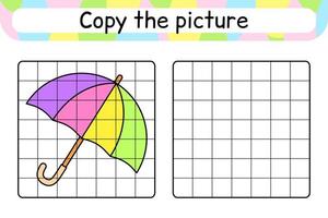 copia la imagen y colorea el paraguas. completa la imagen terminar la imagen. libro de colorear. juego educativo de ejercicios de dibujo para niños vector