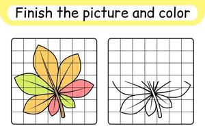 Complete the picture leaf chestnut. Copy the picture and color. Finish the image. Coloring book. Educational drawing exercise game for children vector